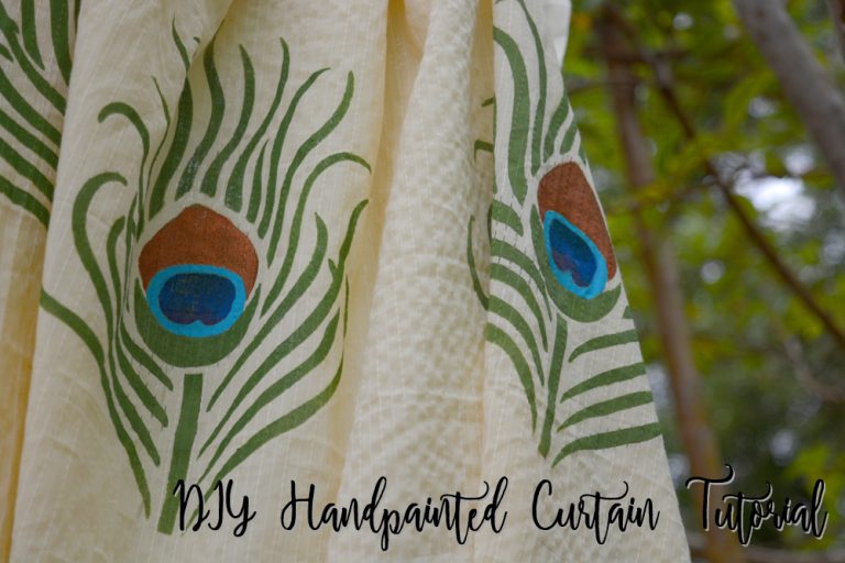 Fabric-painted-DIY-curtains-DIY-painted-curtain-DIY-stencil-painted-curtain-Fevicryl-kalastar-contest-DIY-fabric-painting-ideas-peacock-fabric-painted, hobby ideas, fabric painting ideas, botanical painted curtain, DIY curtains, Stenciled curtain, Fabric stencil ideas